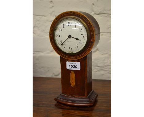 Edwardian mahogany line inlaid and crossbanded mantel clock having circular enamel dial with Arabic numerals inscribed A. and