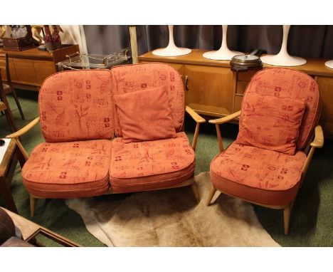 Ercol Blonde Elm 2 seater sofa with matching armchair with Salmon upholstery 