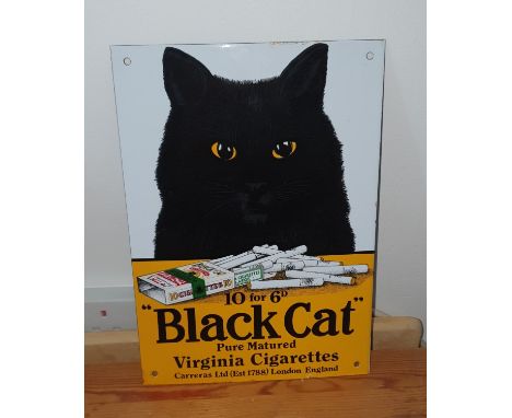 Advertising enamel sign BLACK CAT PURE MATURED VIRGINIA CIGARETTES. In good condition with some face and edge chips. 22 x 32c