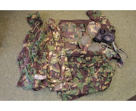 Box of British Army Camo Gear inc. Gas Mask, Uniforms etc 