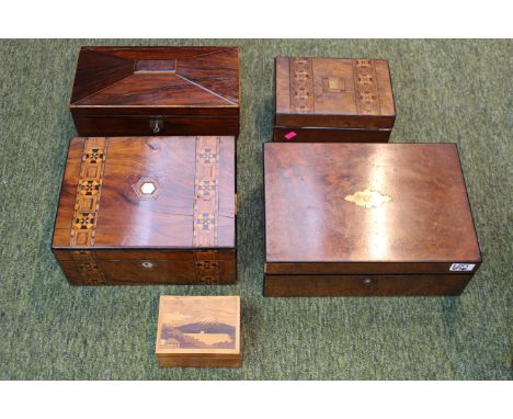 Collection of 2 19thC Writing Slopes, Tea Caddy and 2 other boxes 