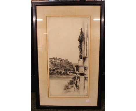 Johnstone Baird Etching of Edinburgh Castle and the Scottish National Gallery signed Proof. 20 x 40cm 