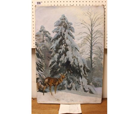 John Theodore Kenney 1911- 1972; Oil on canvas of a Dear against winter forest scene. 40 x 59cm. Artist and Illustrator 1957 
