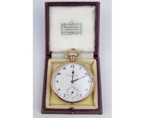 Rolex 9ct gold cased pocket watch, open faced, keyless wind, the white enamel dial with Arabic numerals and subsidiary second