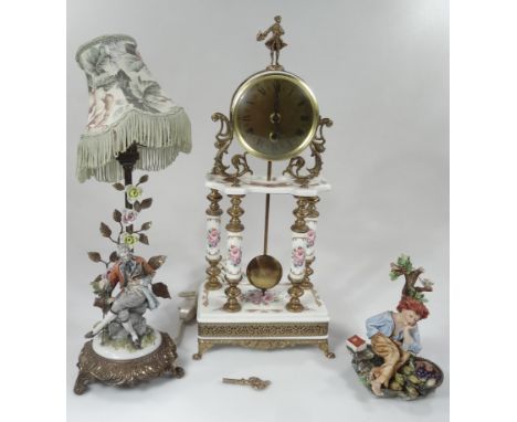 A Capo di monte porcelain mantel clock, headed by a 11cm dia. Roman numeric dial surmounted by a figural knop, on cylindrical