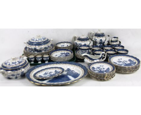 A Booths Real Old Willow part dinner service, to include oval serving dish, 40cm wide, dinner plates, pair of lidded tureens,