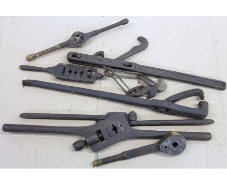 Various early 20thC metal heavy duty coopering tools, 50cm wide, etc.  (a quantity)