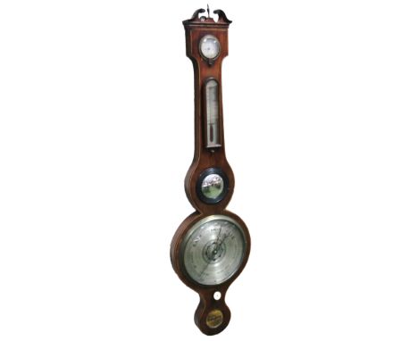 A 19thC five dial banjo barometer, signed S Melvin Boston, with dry/damp dial, thermometer, bullseye glass, 21cm dia. main si