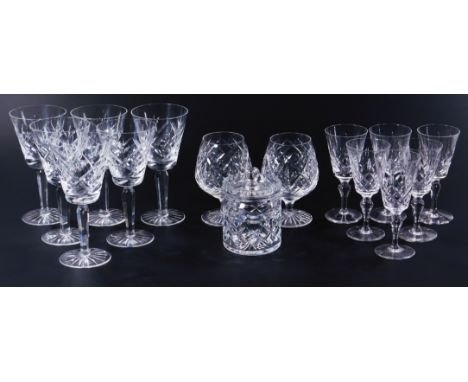 Various Stuart Crystal brandy balloons, each hobnail cut on star cut circular bases, 13cm high, various other crystal, a lidd