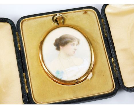 K Way (Edwardian School).  Figure of lady, quarter profile, head turned to the left, portrait miniature watercolour, signed, 