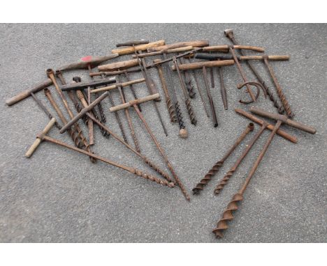 Various early 20thC heavy duty gouging tools, hand drivers of large proportion, 56cm high, etc.  (a quantity)