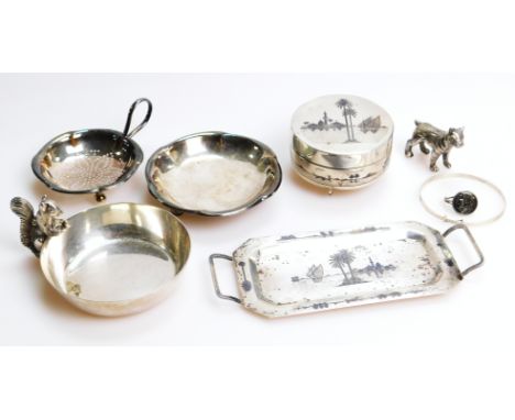 Various white metal silver plate etc., a figure of a mastif, 5cm H, Egyptian style ring, box set with Eastern scene, squirrel