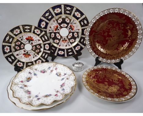 A Royal Crown Derby bone china plate, pattern no. 2451, 27cm dia., similar side plate, Ironbridge Coalport lidded jar, Queen 