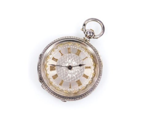 A fancy ladies fob watch, the 4cm dia. Roman numeric dial with stencilled back, in an engine turned case with (vacant) cartou