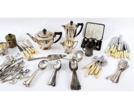 A silver plated part service, by Mappin &amp; Webb, comprising water jug, tea pot, sugar bowl, and milk jug, each piece marke