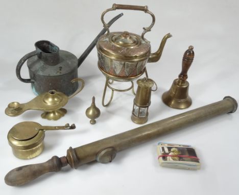 Various brassware, to include an early 20thC Art Nouveau spirit kettle 19cm high and stand, miniature miner's lamp, Star Wars