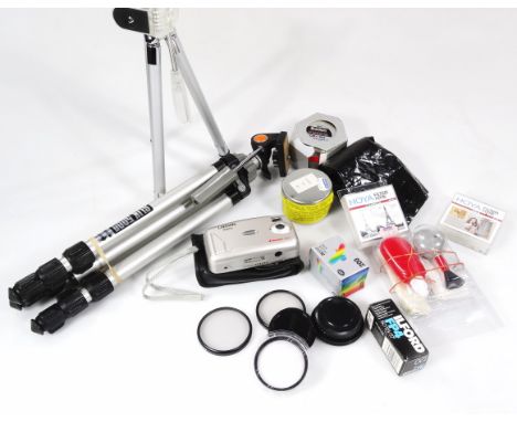 Various camera equipment, etc., folding tripod, (when closed) 38cm high, another tripod, various other camera accessories, et