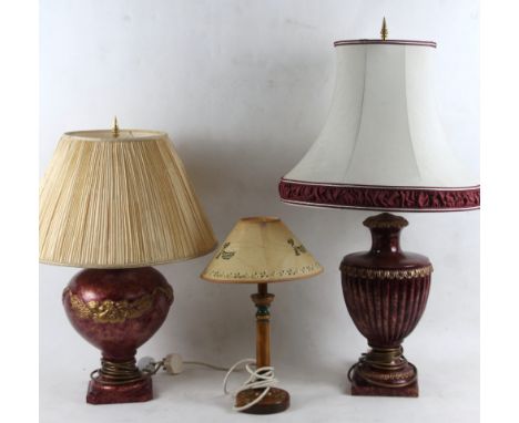 Various table lamps, comprising a classical design urn example on circular stem and square base, with cream shade, 90cm high,