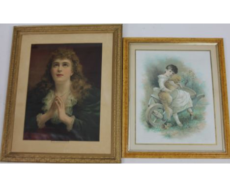 A 19thC Pears style print The Maiden's Prayer, 50cm x 36cm, a further print in birds eye maple style frame.  (2)