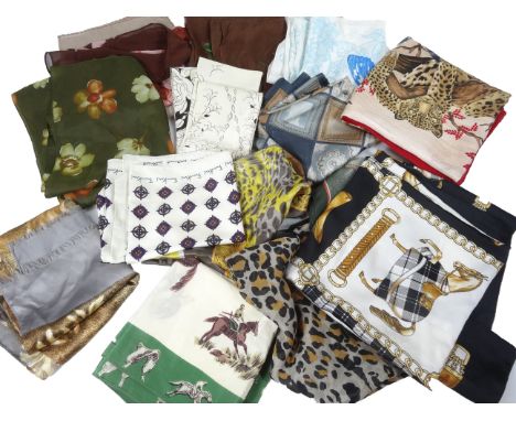 Various silk scarves, designer examples, leopard print, etc., various designs.  (a quantity, various dimensions)
