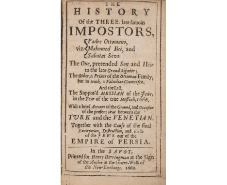 [Evelyn (John)] The History of the Three Impostors, viz. Padre Ottomano, Mahomed Bei, and Sabatai Sevi, first edition, woodcu