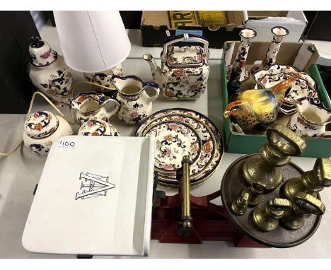 Collection of Masons Mandalay ceramics incl. candle sticks, lamp, ginger jars etc, Avery shop scales, rooster teapot, etc 