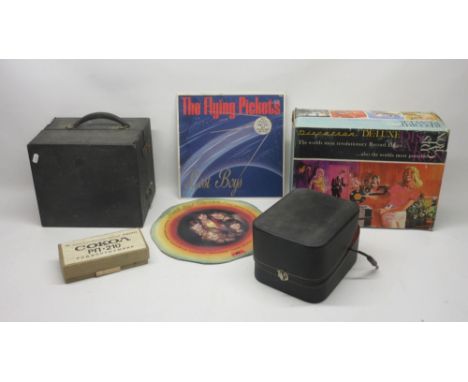 Decca portable windup gramophone in black leatherette; Discatron De-Luxe portable battery record player; Pioneer headphones; 