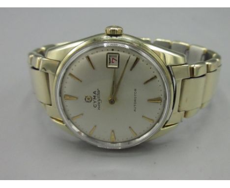 Cyma Navystar Autorotor gold plated automatic wristwatch with date on original gold plated expanding bracelet with deployment