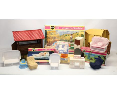 Sindy Country Garden 1981 and other 1970s-80s Sindy furniture and accessories including stables, record player, bed etc. 