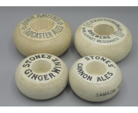 Four brewery branded ceramic match strikers, incl. John Smiths, R. N. Hutchinson, Stone's Ginger Wine etc. 