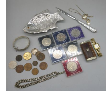 Hallmarked Sterling silver letter opener by Harrison Brothers, Sheffield, 1994, a Sterling silver fish shaped dish, a silver 