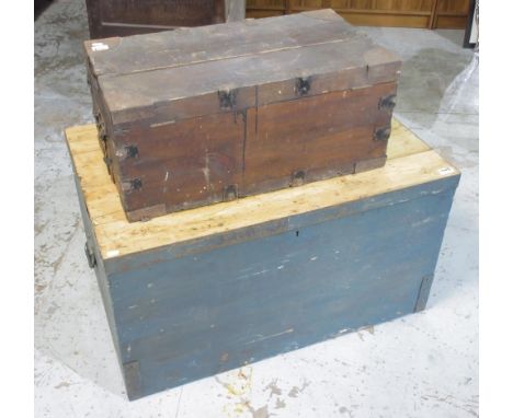 20th century large painted pine metal bound storage box, W94cm D62cm H51cm and smaller pine carpenter's tool box (2) 