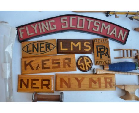 Collection of homemade wooden signs to Include The Flying Scotsman (55x14cm), NYMR, Rolls Royce etc., homemade wooden model f