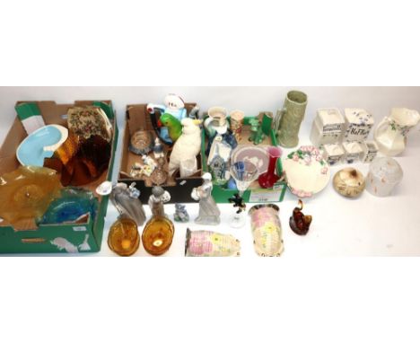 Collection of decorative ceramics and glassware, incl. a Lladro figure, Nao figure, Murano type champagne flute with elephant