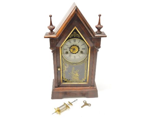Late 19th century American mahogany mantel clock with alarm, white painted Roman dial, faux mercury pendulum, H45cm 