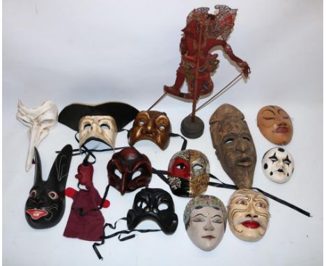 Collection of face masks incl. Italian plaster moulded masquerade masks, three marked 'L'Arlecchino Venezia, Japanese style m
