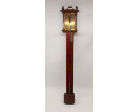 Comoli, 20th century flame mahogany stick barometer, turned columns, signed engraved brass register, H93cm 