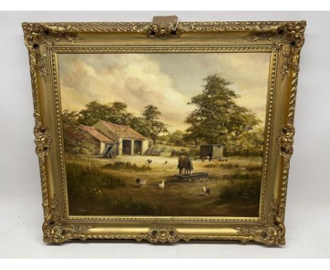 H. Taylor (British Contemporary); Horse at a trough with hens in a farm yard, oil on canvas, signed, 49cm x 59cm 