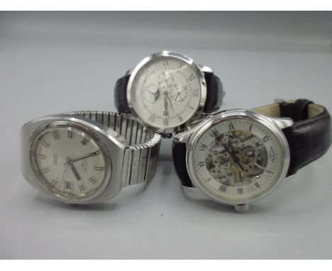 Rotary chrome automatic wristwatch, signed skeletonised dial, Roman chapter ring, centre seconds, signed display case back no