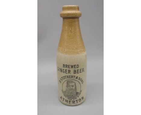 R. Stothert &amp; Sons, Atherton, Brewed Ginger Beer, pictorial stoneware bottle with impressed marks, 21cm 