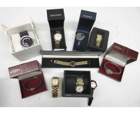 Ladies Rotary stainless steel - gold tome wristwatch, signed mother of pearl dial, signed snap on case back, D28.1mm and othe