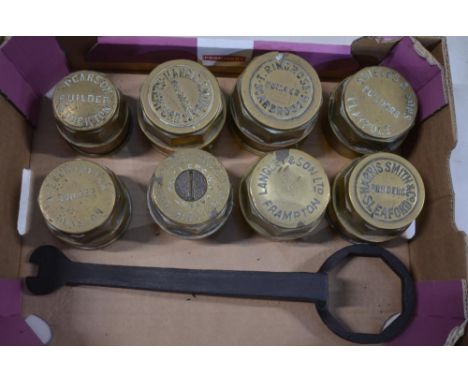 Eight vintage brass carriage wheel nuts to include Pearson (Stockton), 2x Harris Smith &amp; Co (Sleaford), T Ringrose (Scarb