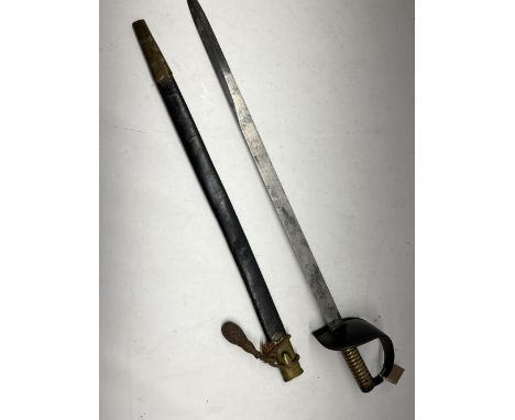 Victorian Wilkinson naval cutlass, 28.5" blade with makers marks complete with dress knot and leather scabbard with brass mou