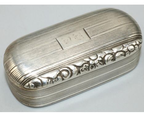 George III hallmarked silver rounded rectangular snuff box,  all over decorated with reeded bands, with initialed cartouche, 