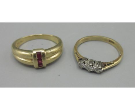 18ct yellow gold ruby set ring, stamped 750, size L, and a yellow metal ring set with white stones, marks worn, size M, 6.1g 