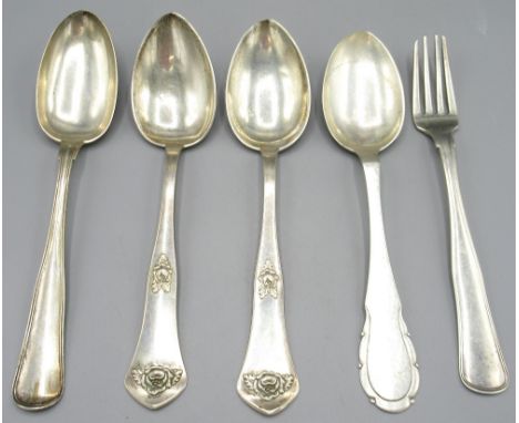 Collection of Danish silver incl a pair of table spoons by Christian F. Heise, 1923, two other tablespoons and a table fork, 