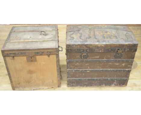 F. D Coulembier - 19th century French metal bound dome top trunk with makers label, W70cm D46cm H62cm and a similar flat top 