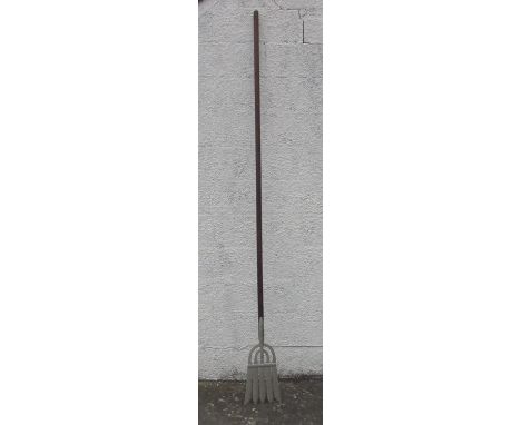 Wooden handled wrought Eel fork with signs of restoration, L 2.54m 