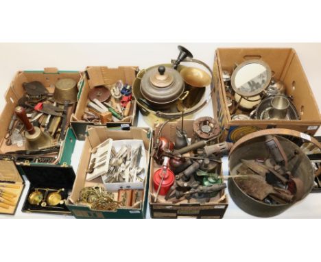 Various metalware incl. two large brass jam pans, sheep shears, horse brasses, cutlery, and a collection of vintage tools, oi