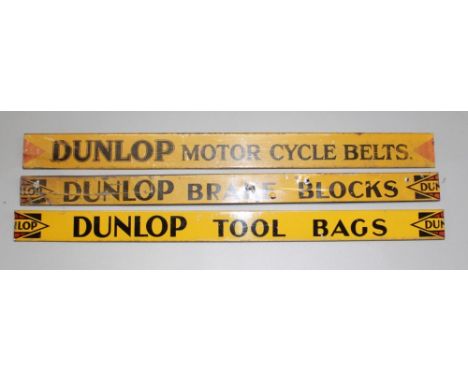 Set of three Dunlop Shelf Strips, Motor Cycle Belts, Break Blocks, Tool Bags. 
